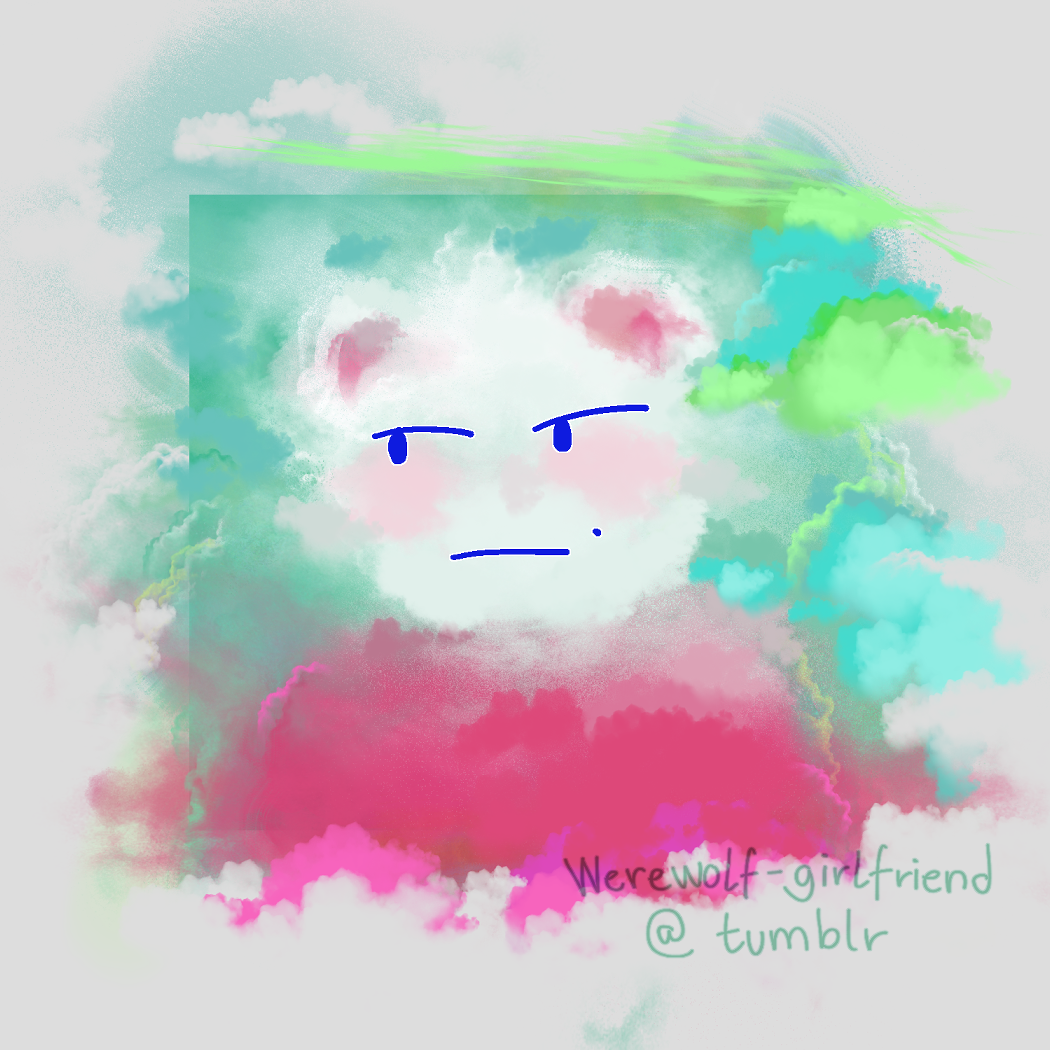 Digital portrait painting of a white, bear-esque character, rendered in a fuzzy and colorful way with cloud-y brushstrokes on a light grey background.